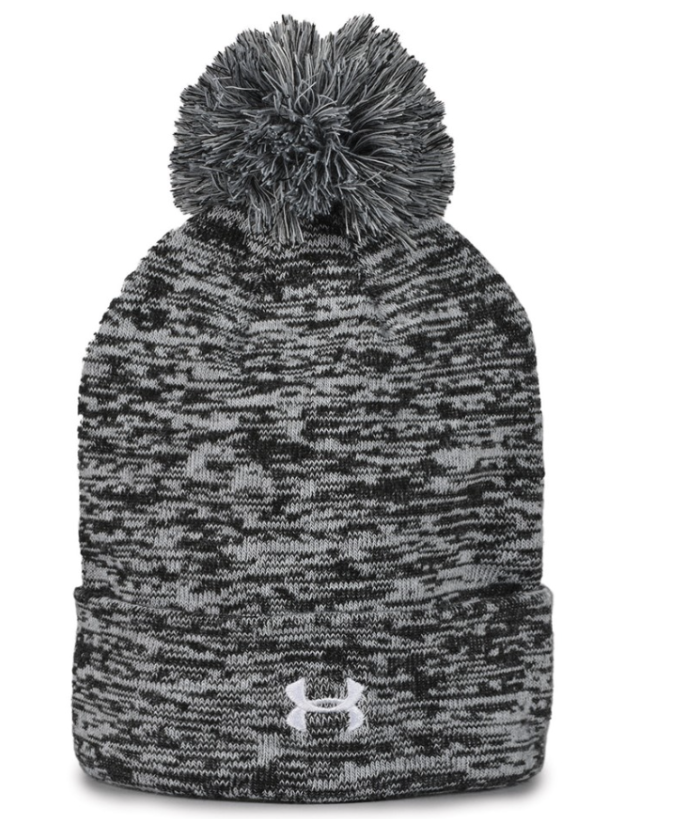 New UA Rollup Black Heather Knit Beanie with Pom-PVC Logo