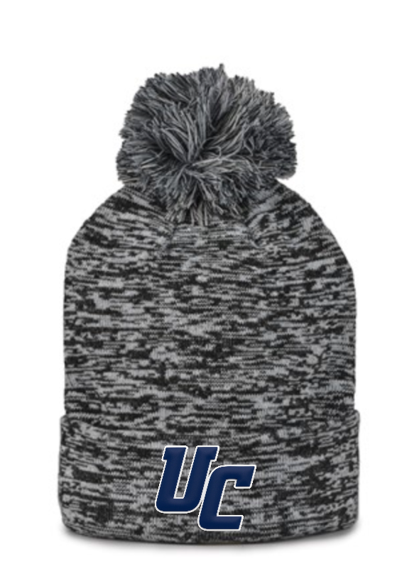 New UA Rollup Black Heather Knit Beanie with Pom-PVC Logo