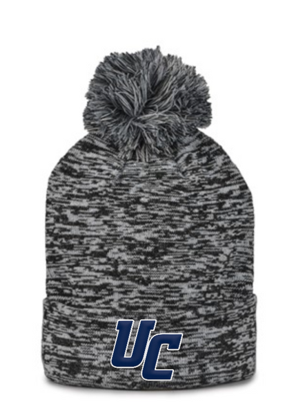 New UA Rollup Black Heather Knit Beanie with Pom-PVC Logo