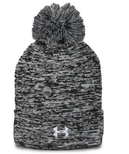 New UA Rollup Black Heather Knit Beanie with Pom-PVC Logo