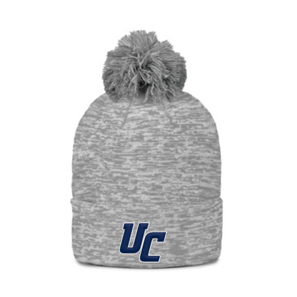 New UA Rollup Light Grey Heather Knit Beanie with Pom-PVC Logo