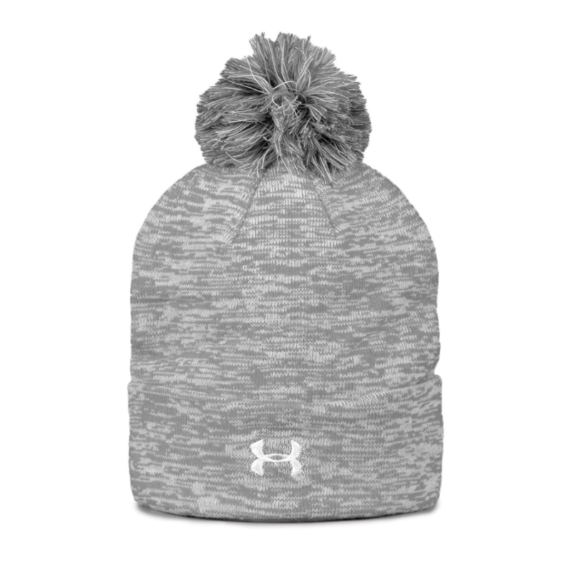 New UA Rollup Light Grey Heather Knit Beanie with Pom-PVC Logo