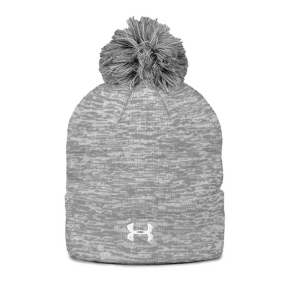 New UA Rollup Light Grey  Heather Knit Beanie with Pom-PVC Logo
